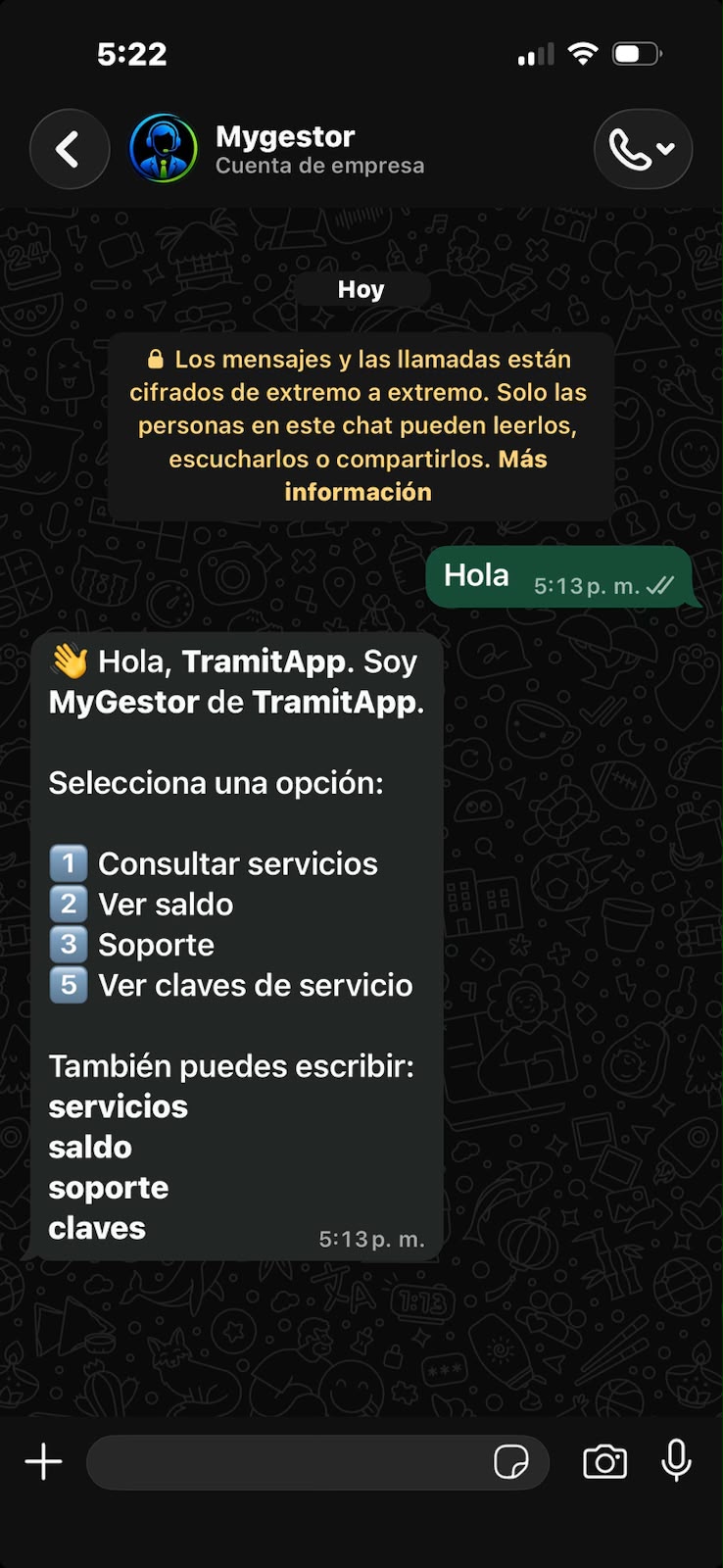 Menú principal de MyGestor en WhatsApp
