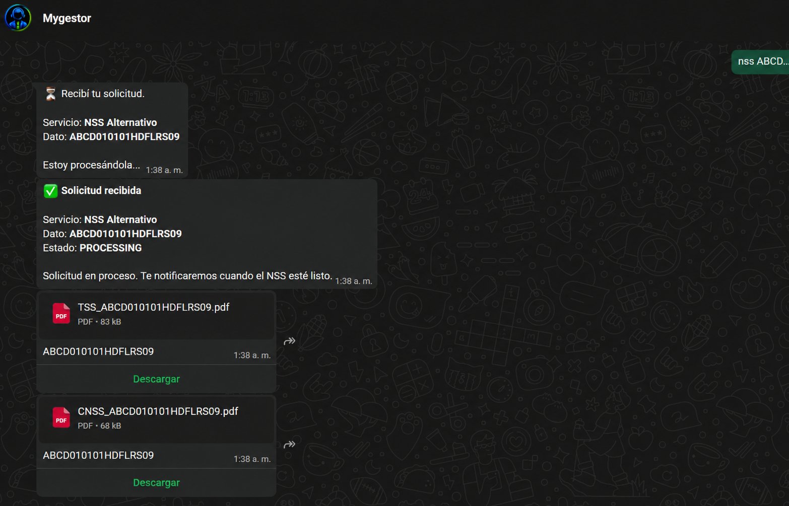 MyGestor procesando una solicitud desde WhatsApp